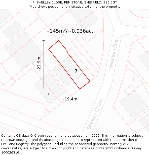 7, SHELLEY CLOSE, PENISTONE, SHEFFIELD, S36 6GT: Plot and title map
