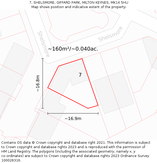 7, SHELSMORE, GIFFARD PARK, MILTON KEYNES, MK14 5HU: Plot and title map