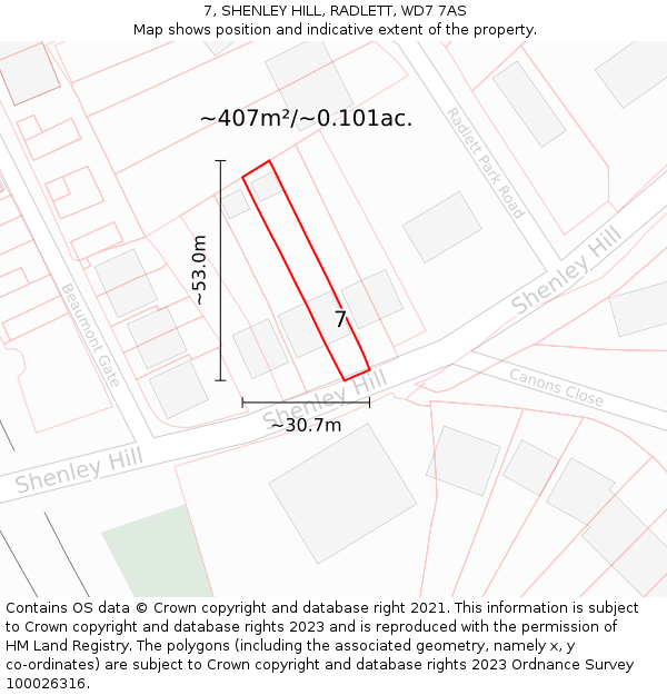 7, SHENLEY HILL, RADLETT, WD7 7AS: Plot and title map