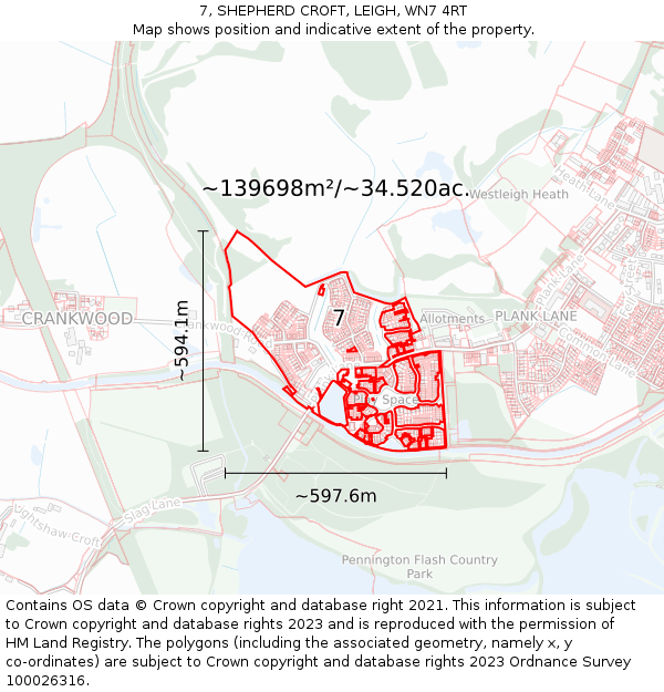 7, SHEPHERD CROFT, LEIGH, WN7 4RT: Plot and title map