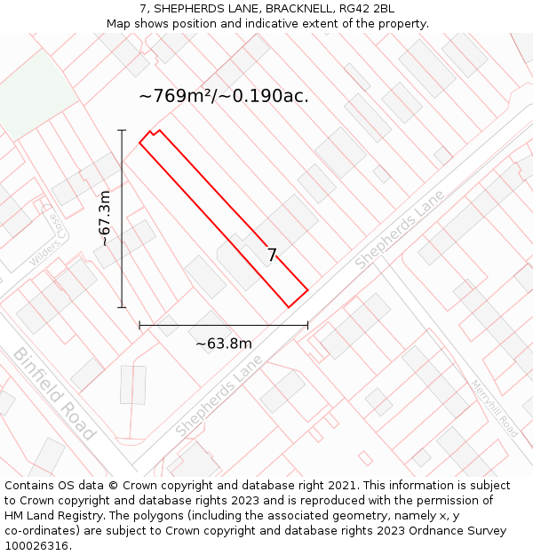 7, SHEPHERDS LANE, BRACKNELL, RG42 2BL: Plot and title map