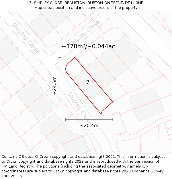 7, SHIPLEY CLOSE, BRANSTON, BURTON-ON-TRENT, DE14 3HB: Plot and title map