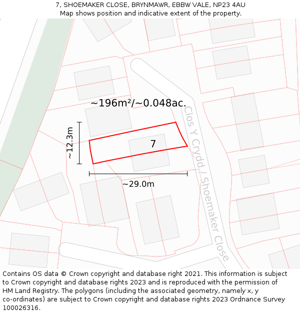 7, SHOEMAKER CLOSE, BRYNMAWR, EBBW VALE, NP23 4AU: Plot and title map