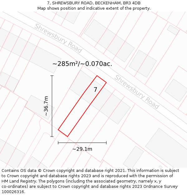 7, SHREWSBURY ROAD, BECKENHAM, BR3 4DB: Plot and title map