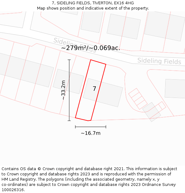 7, SIDELING FIELDS, TIVERTON, EX16 4HG: Plot and title map