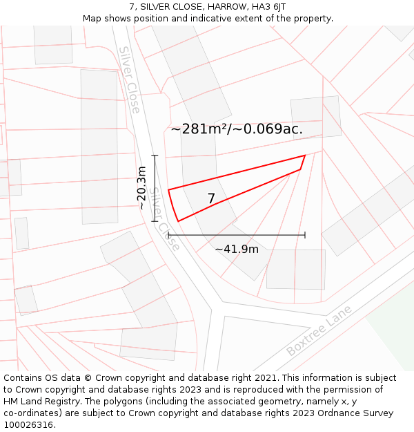 7, SILVER CLOSE, HARROW, HA3 6JT: Plot and title map