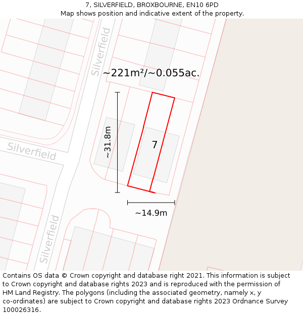 7, SILVERFIELD, BROXBOURNE, EN10 6PD: Plot and title map