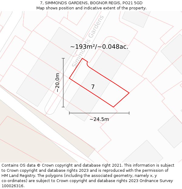 7, SIMMONDS GARDENS, BOGNOR REGIS, PO21 5GD: Plot and title map