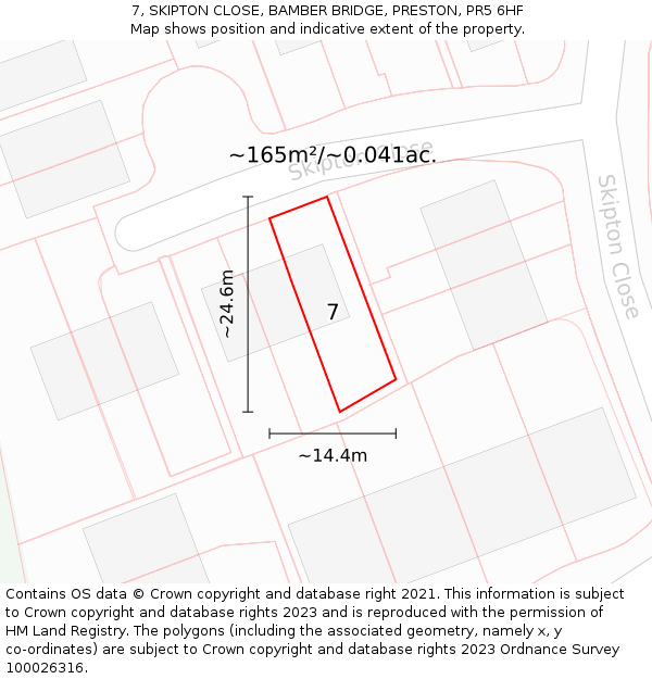 7, SKIPTON CLOSE, BAMBER BRIDGE, PRESTON, PR5 6HF: Plot and title map