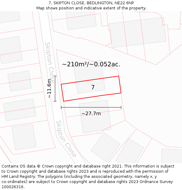 7, SKIPTON CLOSE, BEDLINGTON, NE22 6NP: Plot and title map