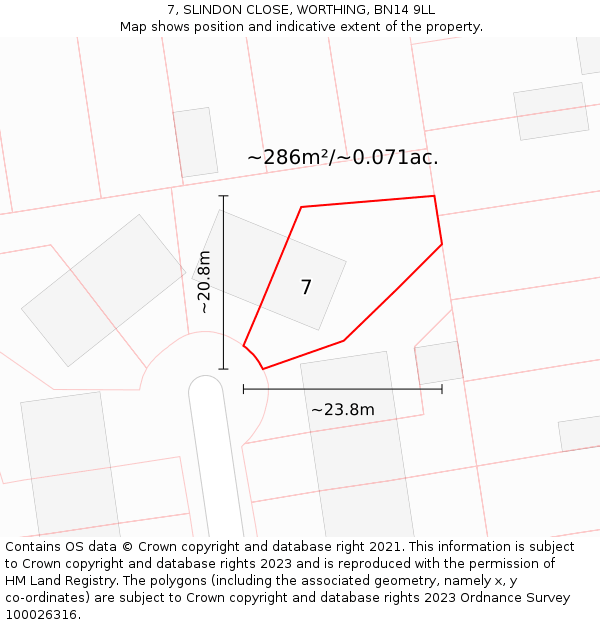 7, SLINDON CLOSE, WORTHING, BN14 9LL: Plot and title map