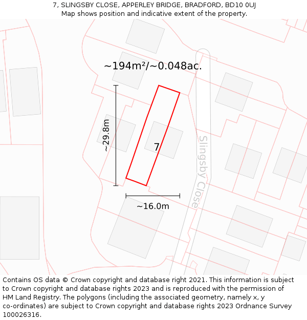 7, SLINGSBY CLOSE, APPERLEY BRIDGE, BRADFORD, BD10 0UJ: Plot and title map
