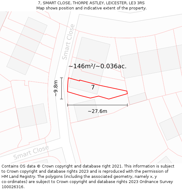 7, SMART CLOSE, THORPE ASTLEY, LEICESTER, LE3 3RS: Plot and title map