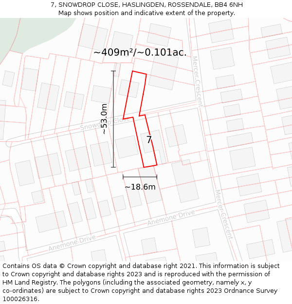 7, SNOWDROP CLOSE, HASLINGDEN, ROSSENDALE, BB4 6NH: Plot and title map