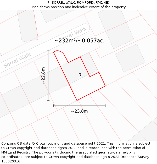 7, SORREL WALK, ROMFORD, RM1 4EX: Plot and title map