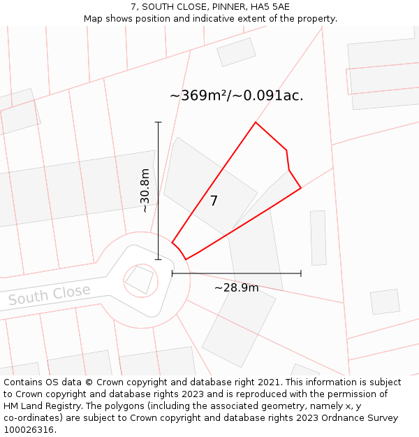 7, SOUTH CLOSE, PINNER, HA5 5AE: Plot and title map