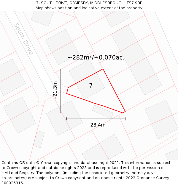 7, SOUTH DRIVE, ORMESBY, MIDDLESBROUGH, TS7 9BP: Plot and title map