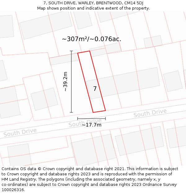 7, SOUTH DRIVE, WARLEY, BRENTWOOD, CM14 5DJ: Plot and title map