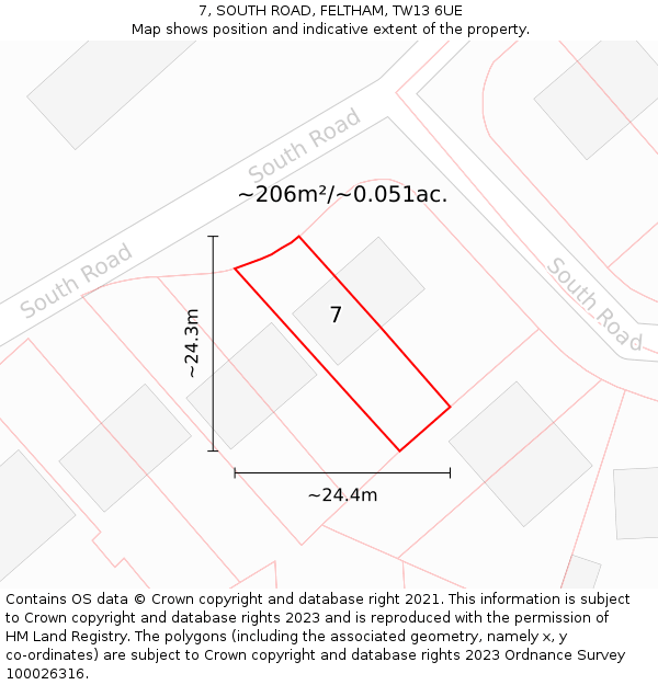 7, SOUTH ROAD, FELTHAM, TW13 6UE: Plot and title map