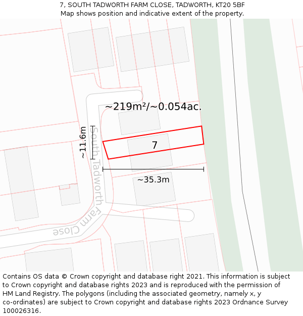 7, SOUTH TADWORTH FARM CLOSE, TADWORTH, KT20 5BF: Plot and title map