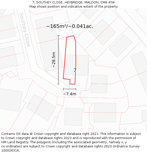 7, SOUTHEY CLOSE, HEYBRIDGE, MALDON, CM9 4YW: Plot and title map