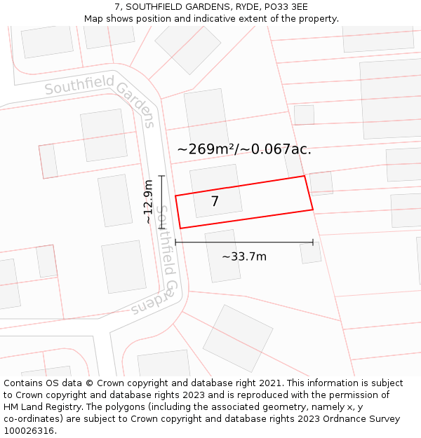 7, SOUTHFIELD GARDENS, RYDE, PO33 3EE: Plot and title map