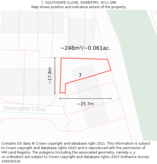 7, SOUTHGATE CLOSE, OSWESTRY, SY11 2RR: Plot and title map