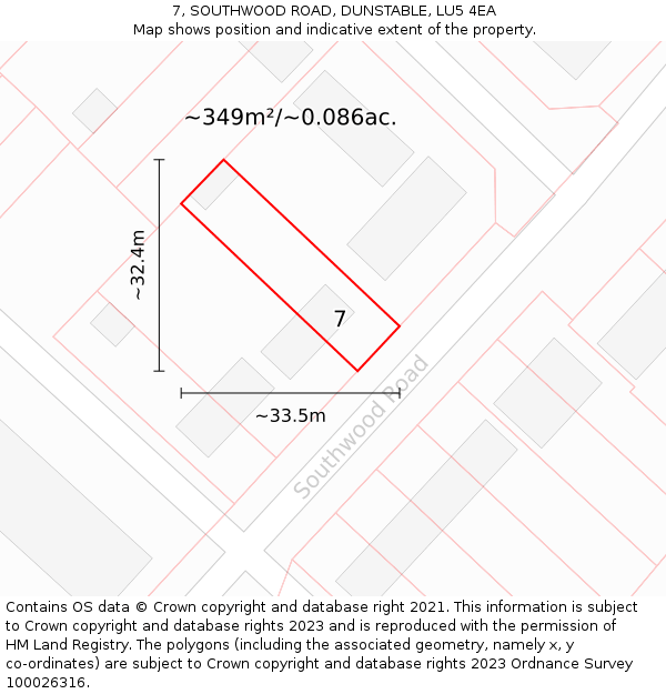 7, SOUTHWOOD ROAD, DUNSTABLE, LU5 4EA: Plot and title map