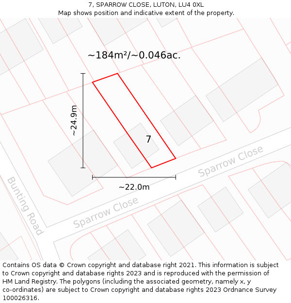 7, SPARROW CLOSE, LUTON, LU4 0XL: Plot and title map