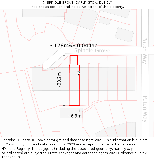 7, SPINDLE GROVE, DARLINGTON, DL1 1LY: Plot and title map