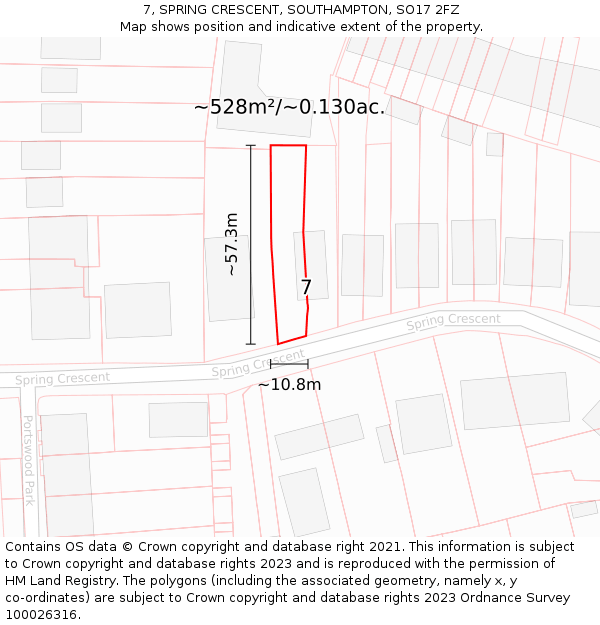 7, SPRING CRESCENT, SOUTHAMPTON, SO17 2FZ: Plot and title map