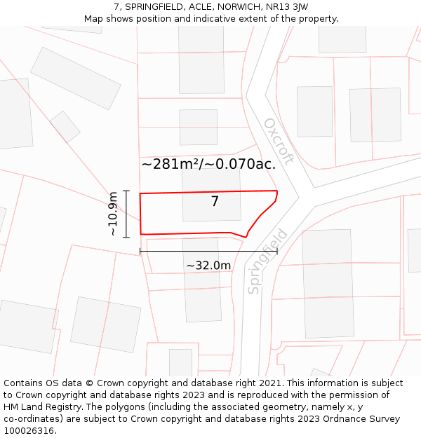 7, SPRINGFIELD, ACLE, NORWICH, NR13 3JW: Plot and title map