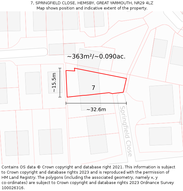 7, SPRINGFIELD CLOSE, HEMSBY, GREAT YARMOUTH, NR29 4LZ: Plot and title map