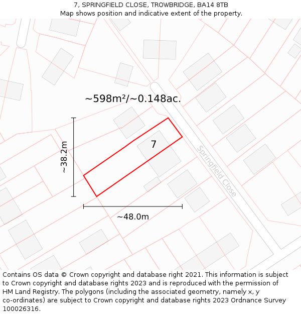 7, SPRINGFIELD CLOSE, TROWBRIDGE, BA14 8TB: Plot and title map