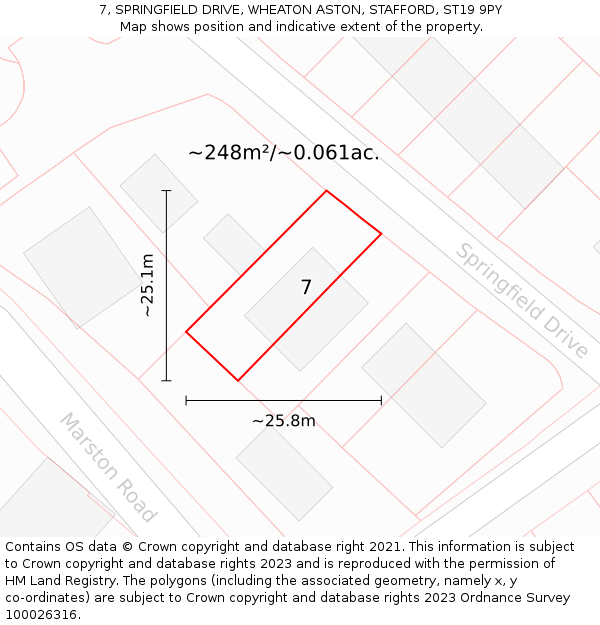 7, SPRINGFIELD DRIVE, WHEATON ASTON, STAFFORD, ST19 9PY: Plot and title map