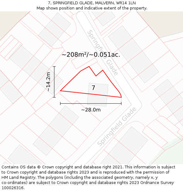 7, SPRINGFIELD GLADE, MALVERN, WR14 1LN: Plot and title map