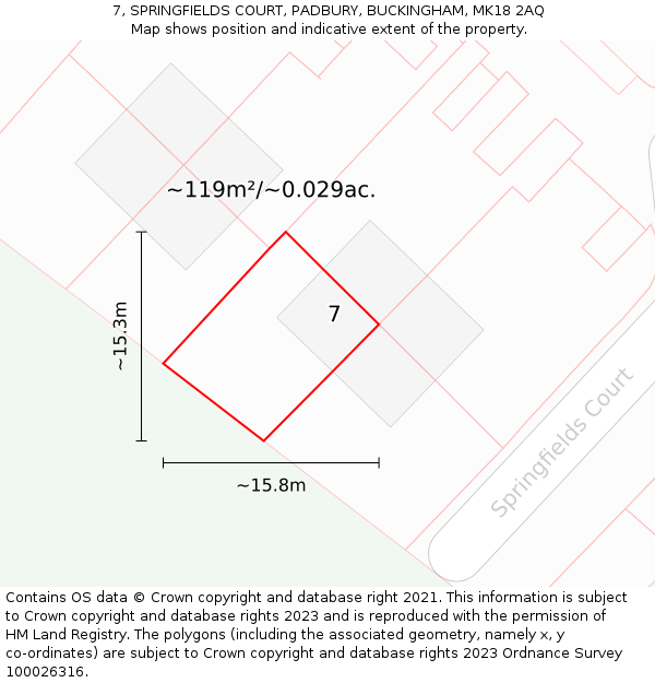 7, SPRINGFIELDS COURT, PADBURY, BUCKINGHAM, MK18 2AQ: Plot and title map