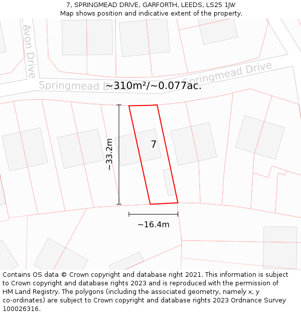 7, SPRINGMEAD DRIVE, GARFORTH, LEEDS, LS25 1JW: Plot and title map