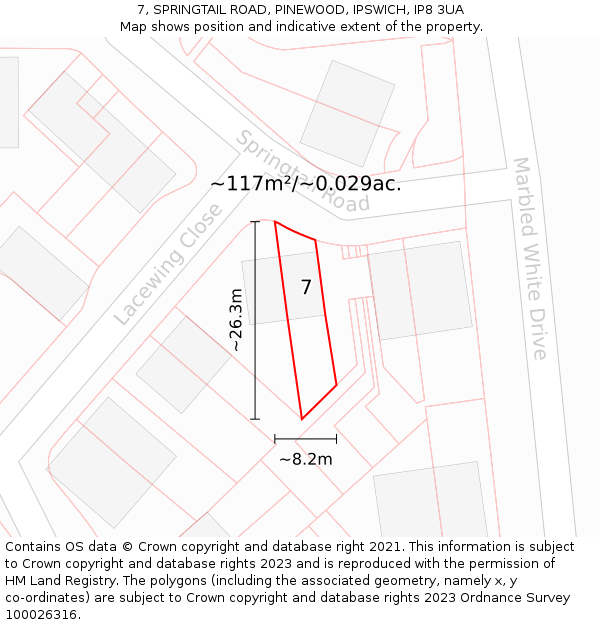 7, SPRINGTAIL ROAD, PINEWOOD, IPSWICH, IP8 3UA: Plot and title map