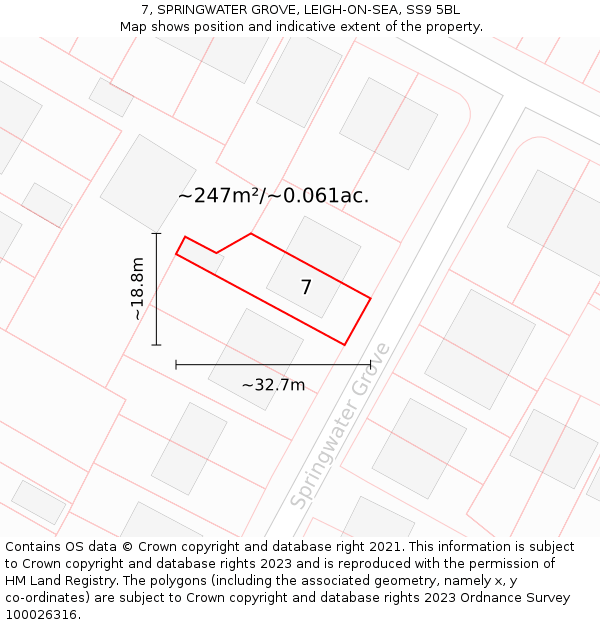 7, SPRINGWATER GROVE, LEIGH-ON-SEA, SS9 5BL: Plot and title map