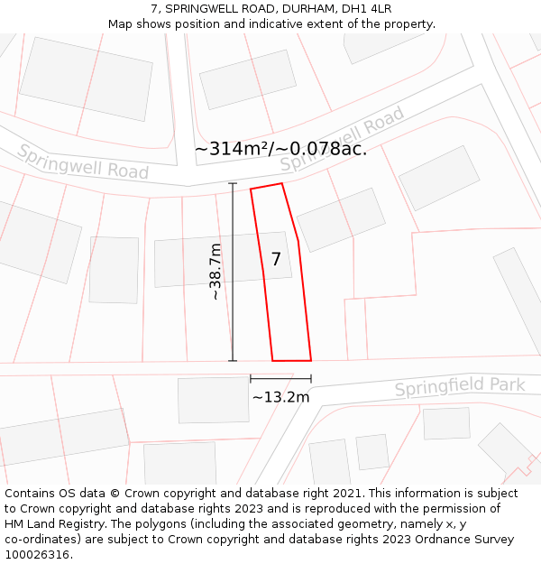 7, SPRINGWELL ROAD, DURHAM, DH1 4LR: Plot and title map