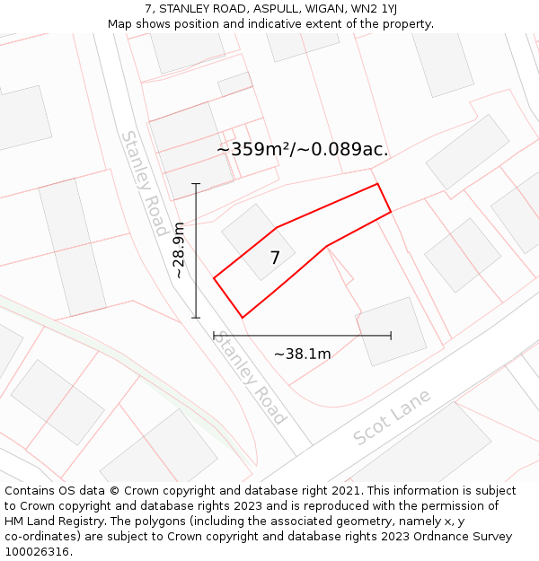 7, STANLEY ROAD, ASPULL, WIGAN, WN2 1YJ: Plot and title map