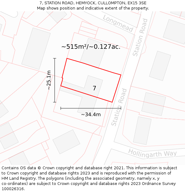 7, STATION ROAD, HEMYOCK, CULLOMPTON, EX15 3SE: Plot and title map