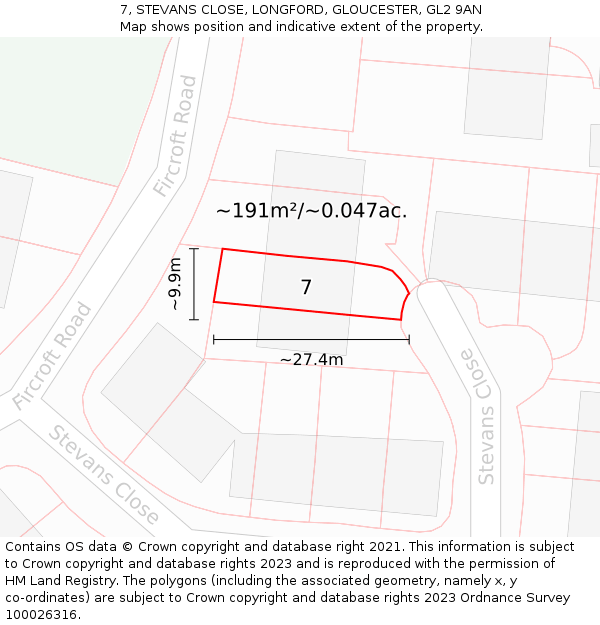 7, STEVANS CLOSE, LONGFORD, GLOUCESTER, GL2 9AN: Plot and title map