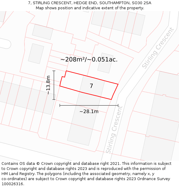 7, STIRLING CRESCENT, HEDGE END, SOUTHAMPTON, SO30 2SA: Plot and title map