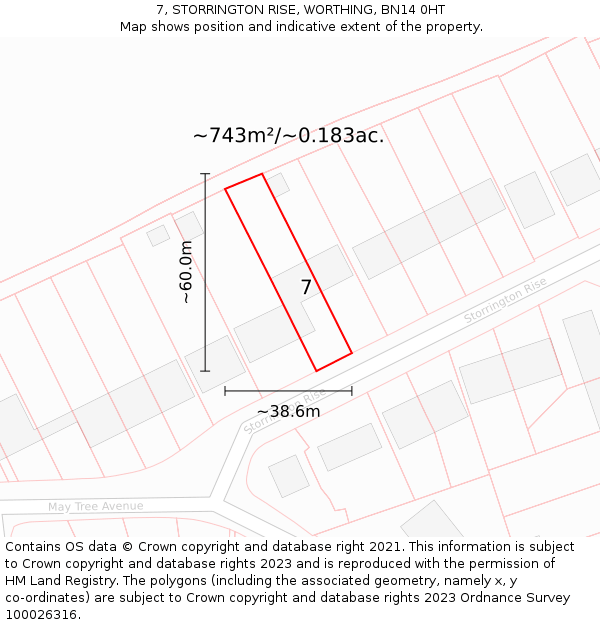 7, STORRINGTON RISE, WORTHING, BN14 0HT: Plot and title map
