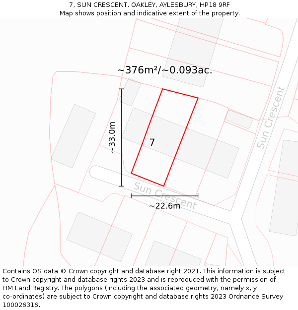 7, SUN CRESCENT, OAKLEY, AYLESBURY, HP18 9RF: Plot and title map