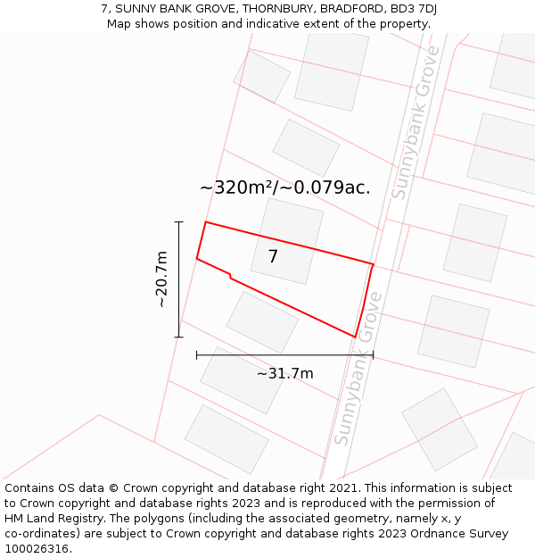 7, SUNNY BANK GROVE, THORNBURY, BRADFORD, BD3 7DJ: Plot and title map