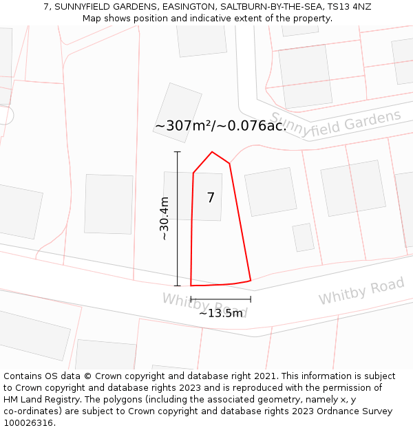 7, SUNNYFIELD GARDENS, EASINGTON, SALTBURN-BY-THE-SEA, TS13 4NZ: Plot and title map