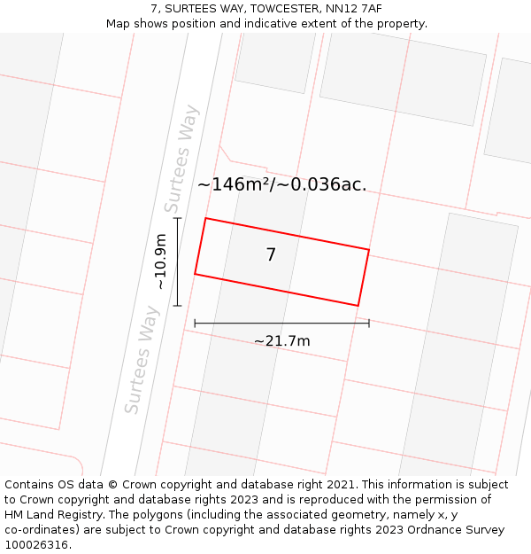 7, SURTEES WAY, TOWCESTER, NN12 7AF: Plot and title map